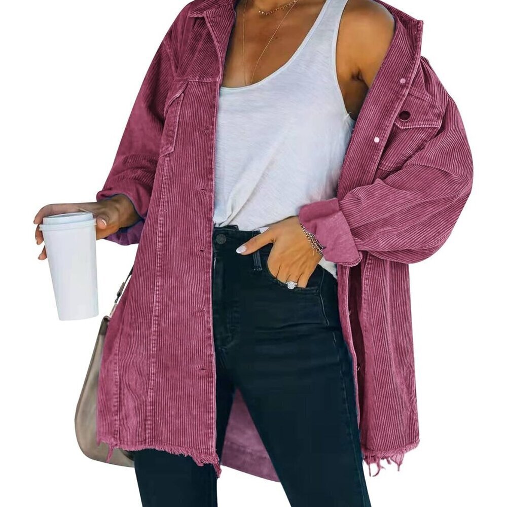 Womens Light Wine Oversized Corduroy Shirt Jacket Casual Button Down Retro